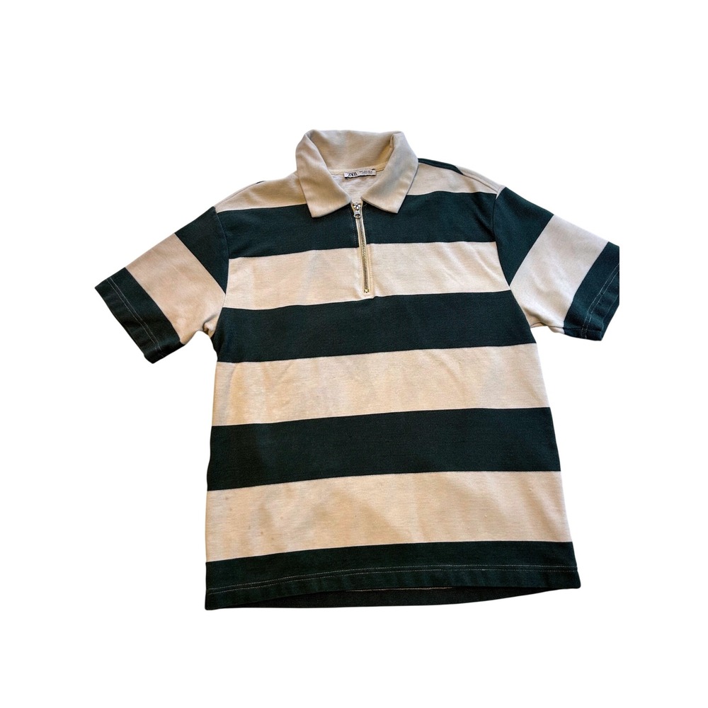 Zara Mens Waffle Knit Striped Quarter Zip Polo Shirt Green Cream Size Small
